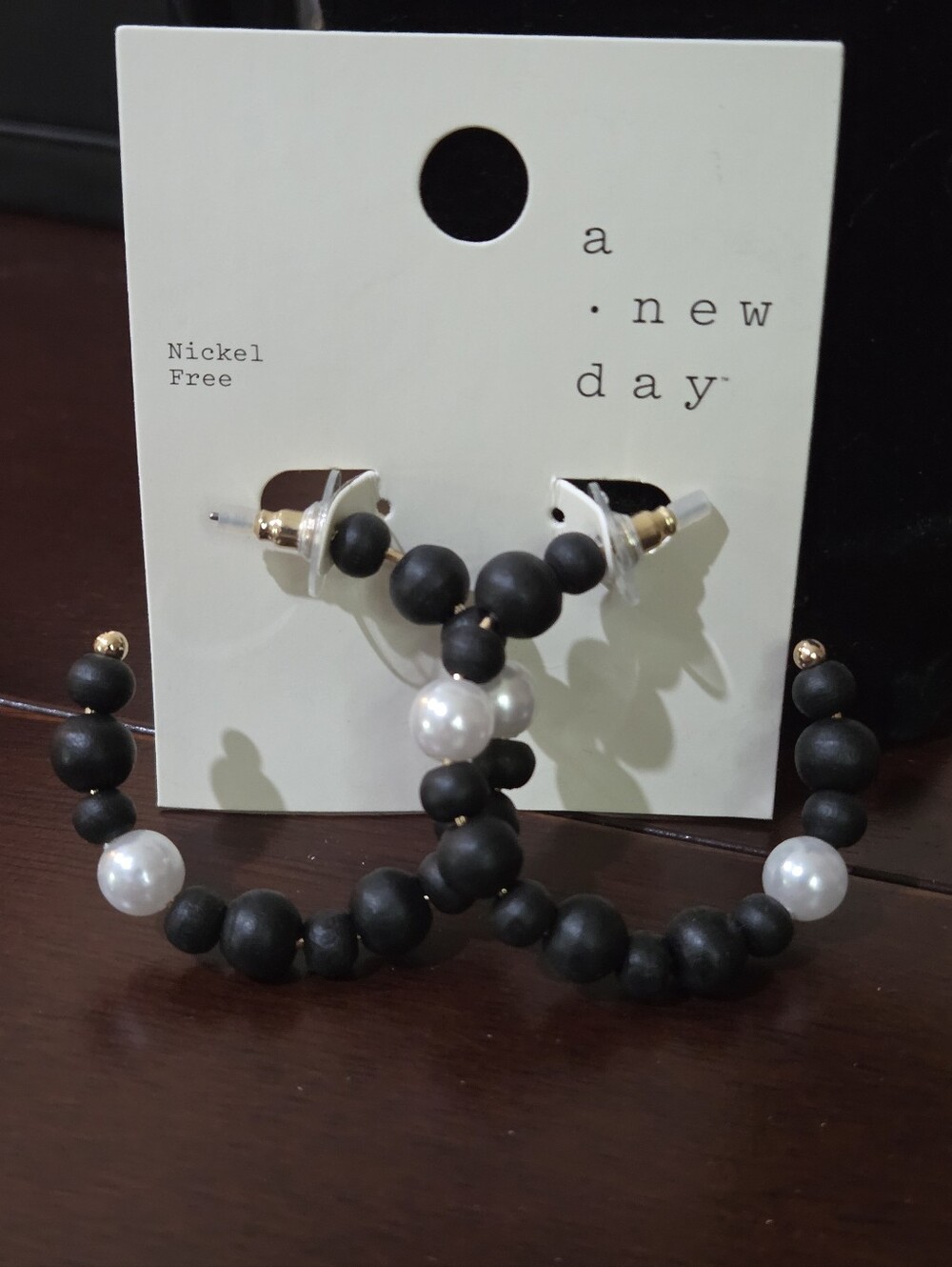 a new day Black Beaded Hoop Earrings with White Pearl Accents **See Details
